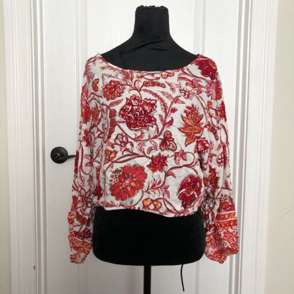 Nicole Miller New York Linen Blend Floral Button Back Crop Blouse Red White M